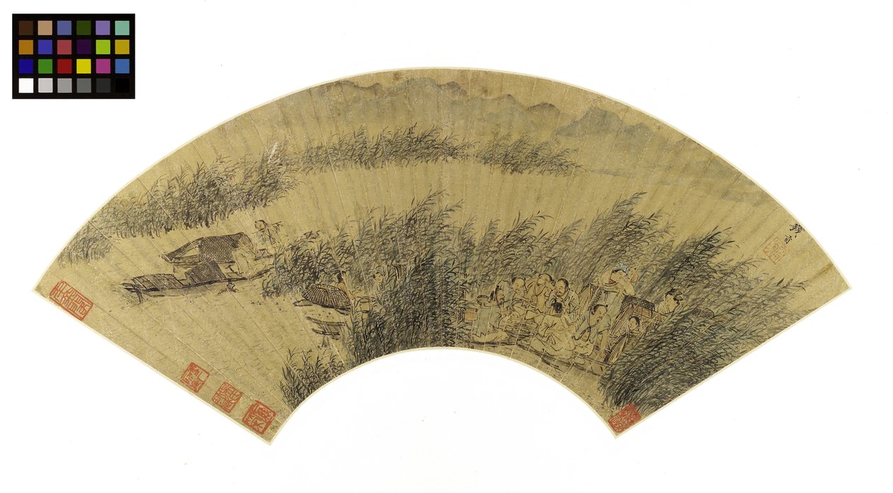 Fishermen in Boats, Reveling on the Edge of a River, slutten av 1500-begynnelsen av 1600-tallet (blekk og farge på gullpapir montert om bord) av Gong Qian