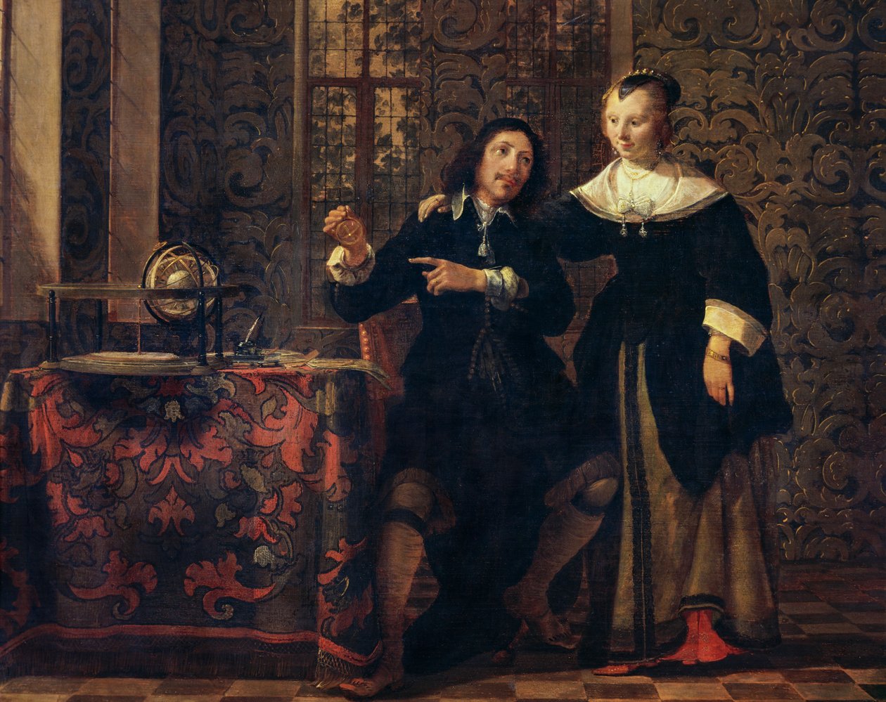 Astronomen og hans kone, maleri av Gonzales Coques (1614 ca-1684), olje på panel, 405x505 cm av Gonzales Coques