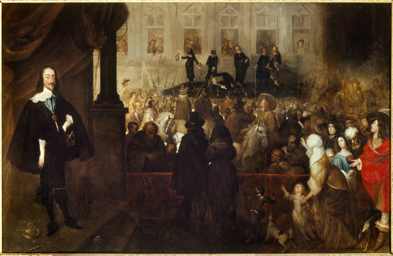 Henrettelsen av Charles I på Whitehall Square (White Hall i London). Charles I Stuart (1600-1649) konge av England, Skottland og Irland fra 1625 til 1649 halshugget under den første engelske revolusjonen. Maleri av Gonzales Hulls (1614-1684) Ec. Flam. av Gonzales Coques