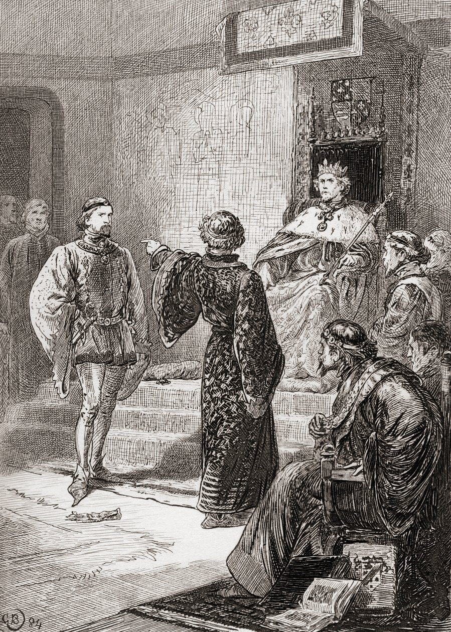 En scene fra William Shakespeares King Richard II, Act 1, Scene 1, Bolingbroke: Pale trembling coward, there I throw my gage, fra The Works of William Shakespeare, publisert 1896 av Gordon Frederick Browne