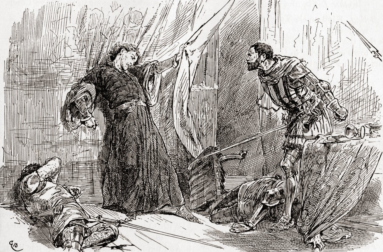 En scene fra William Shakespeares King Richard II, Act V, Scene 5, King Richard: Exton, thy fierce hand hash with the kings blood stain the kings own land, fra The Works of William Shakespeare, publ. av Gordon Frederick Browne