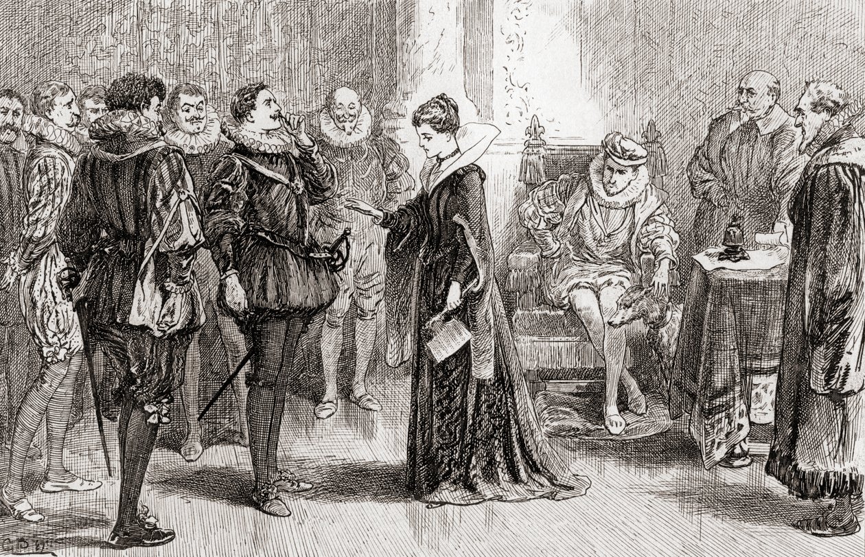En scene fra William Shakespeares skuespill Alls Well That Ends Well, Act II, Scene 3, Helena to Bertram: This is the man, fra The Works of William Shakespeare, utgitt 1896 av Gordon Frederick Browne