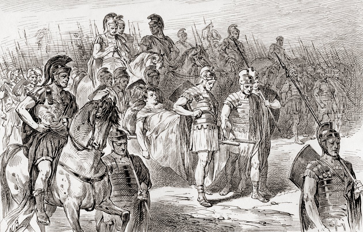 En scene fra William Shakespeares skuespill Antony and Cleopatra, Act III, Scene 1, Ventidius: Bear the kings sons body before our army, fra The Works of William Shakespeare, publisert 1896 av Gordon Frederick Browne
