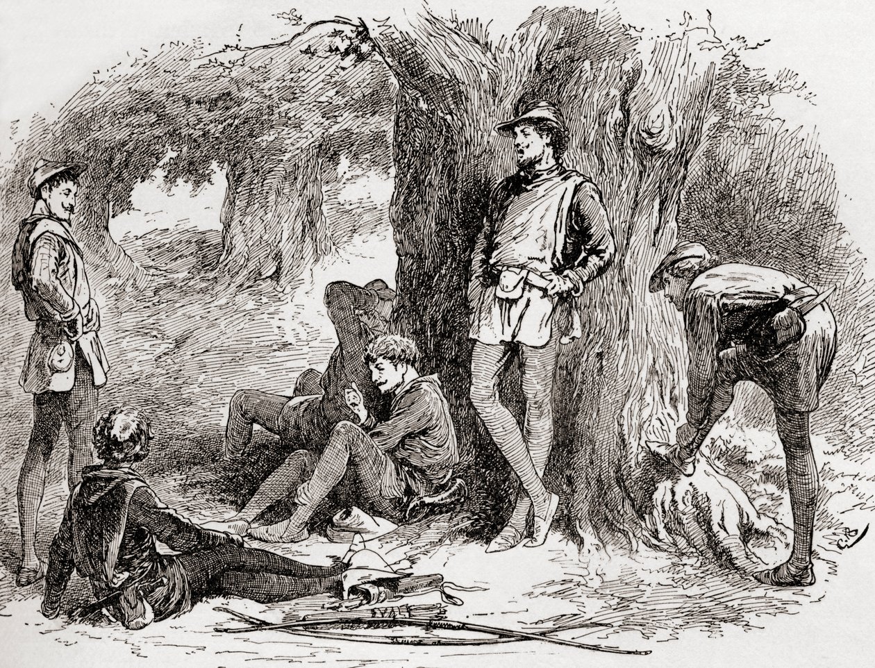 En scene fra William Shakespeares spiller As You Like It, Act II, Scene 5, Amiens: Under the greenwood tree who loves to lie with me, and turn his merry to the sweet birds throat. Kom hit, com av Gordon Frederick Browne
