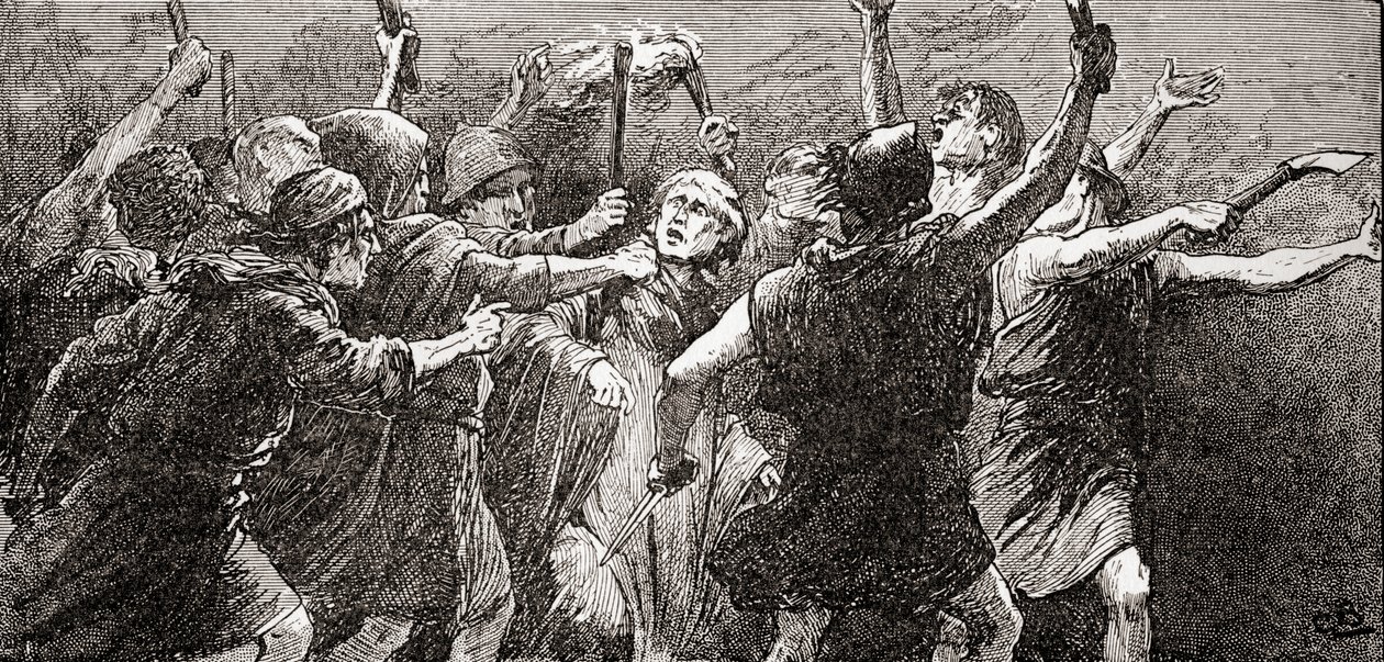 En scene fra William Shakespeares skuespill Julius Caesar, Act III, Scene 3, Third citizen: Tear him, tear him, fra The Works of William Shakespeare, utgitt 1896 av Gordon Frederick Browne