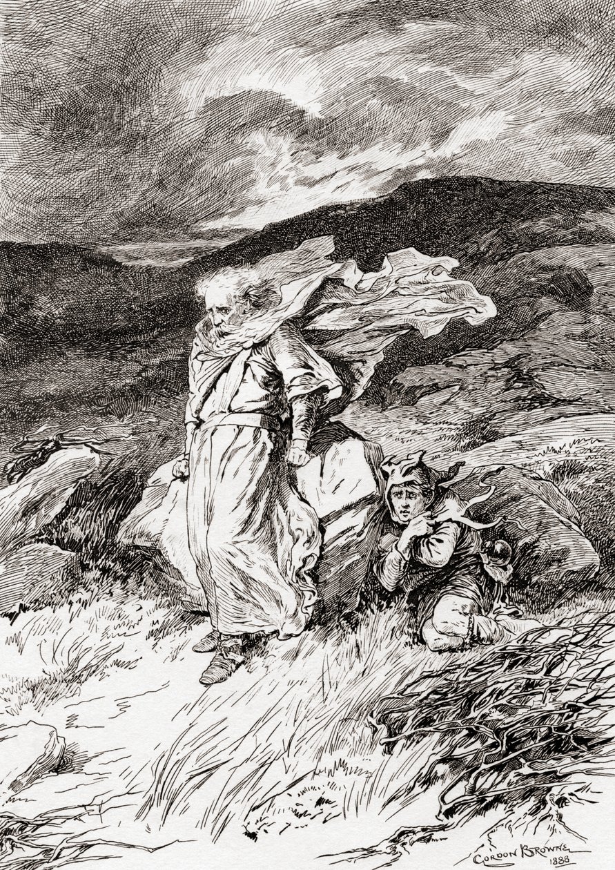 En scene fra William Shakespeares skuespill King Lear, Act III, Scene 2, Lear: Nei, jeg vil være mønsteret for all tålmodighet, jeg vil ikke si noe, fra The Works of William Shakespeare, utgitt 1896 (gravering av Gordon Frederick Browne