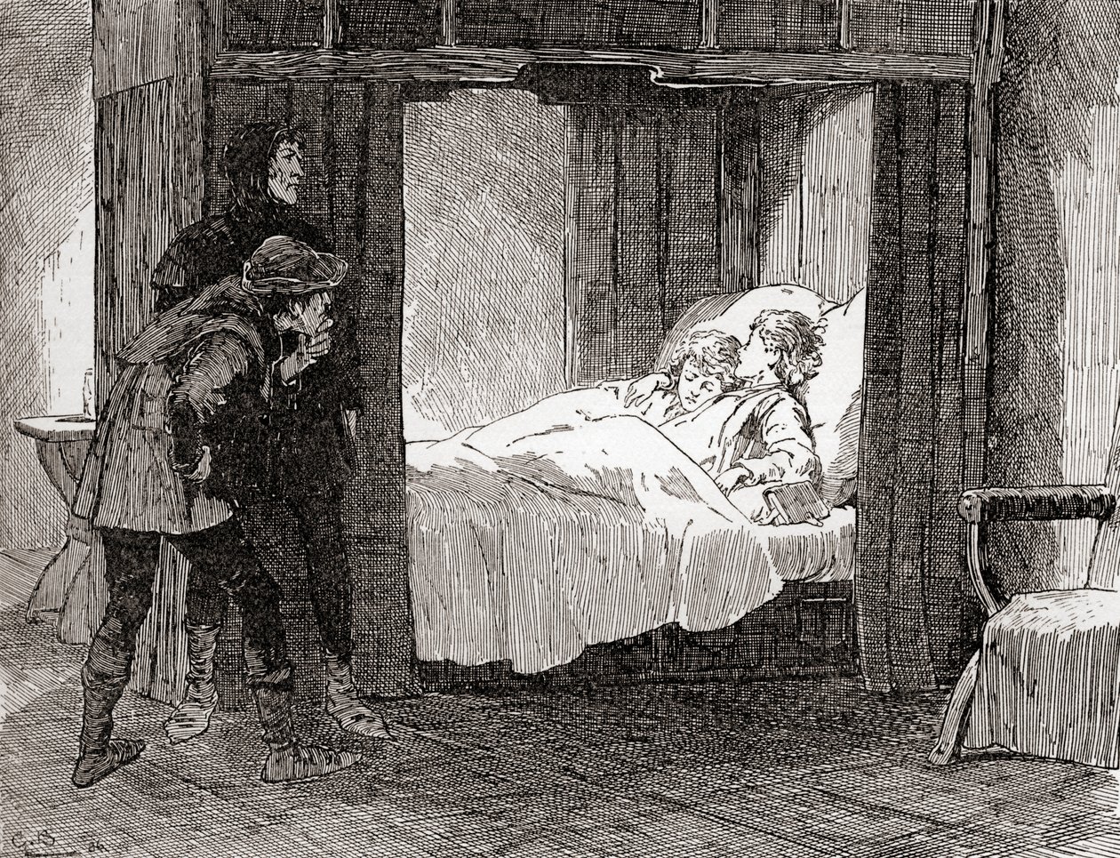 En scene fra William Shakespeares spiller King Richard III, Act IV, Scene 3, Tyrrell: O thus, quoth Dighton, lay thy gentle babes - Thus, thus, quoth Forrest, girdling each another within their alabaster av Gordon Frederick Browne
