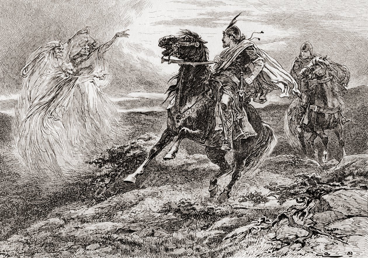 En scene fra William Shakespeares skuespill Macbeth, Act I, Scene 3, First Witch: All hail, Macbeth! hei til deg, enn Glamis, fra The Works of William Shakespeare, utgitt 1896 av Gordon Frederick Browne