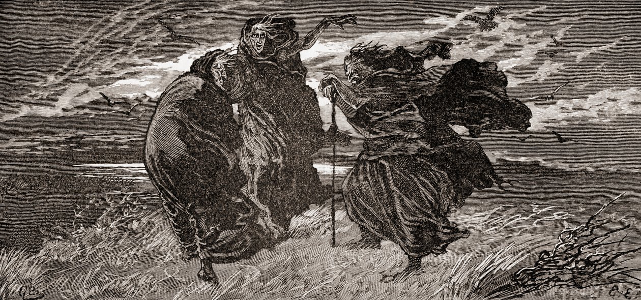 En scene fra William Shakespeares skuespill Macbeth, Act I, Scene I, First Witch: When shall we three meet again, in thunder, lightening or in rain?, fra The Works of William Shakespeare, utgitt 1896 ( av Gordon Frederick Browne