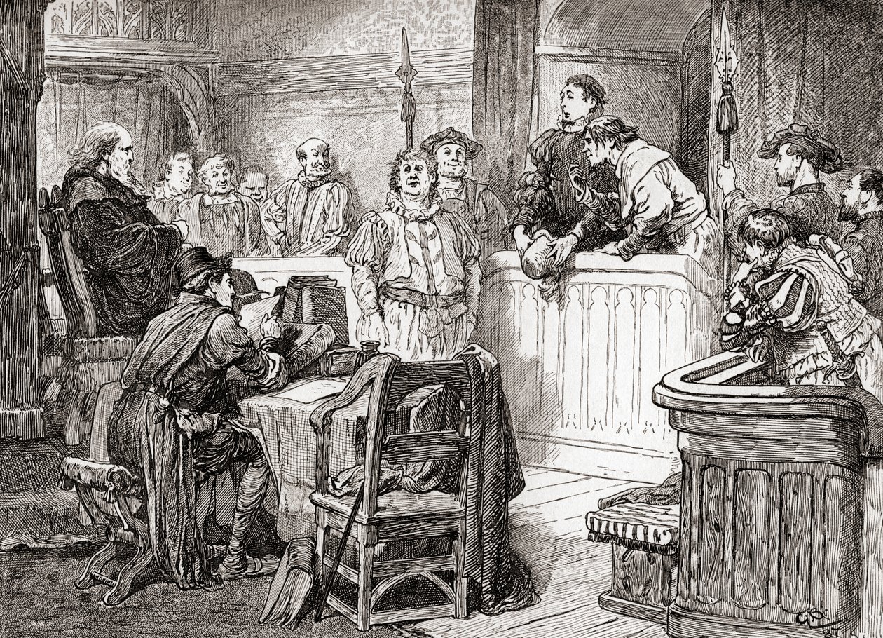 En scene fra William Shakespeares skuespill Measure for Measure, Act II, Scene 1, Pompey Bum: Doth your honour see any harm in his face?, fra The Works of William Shakespeare, publisert 1896 av Gordon Frederick Browne