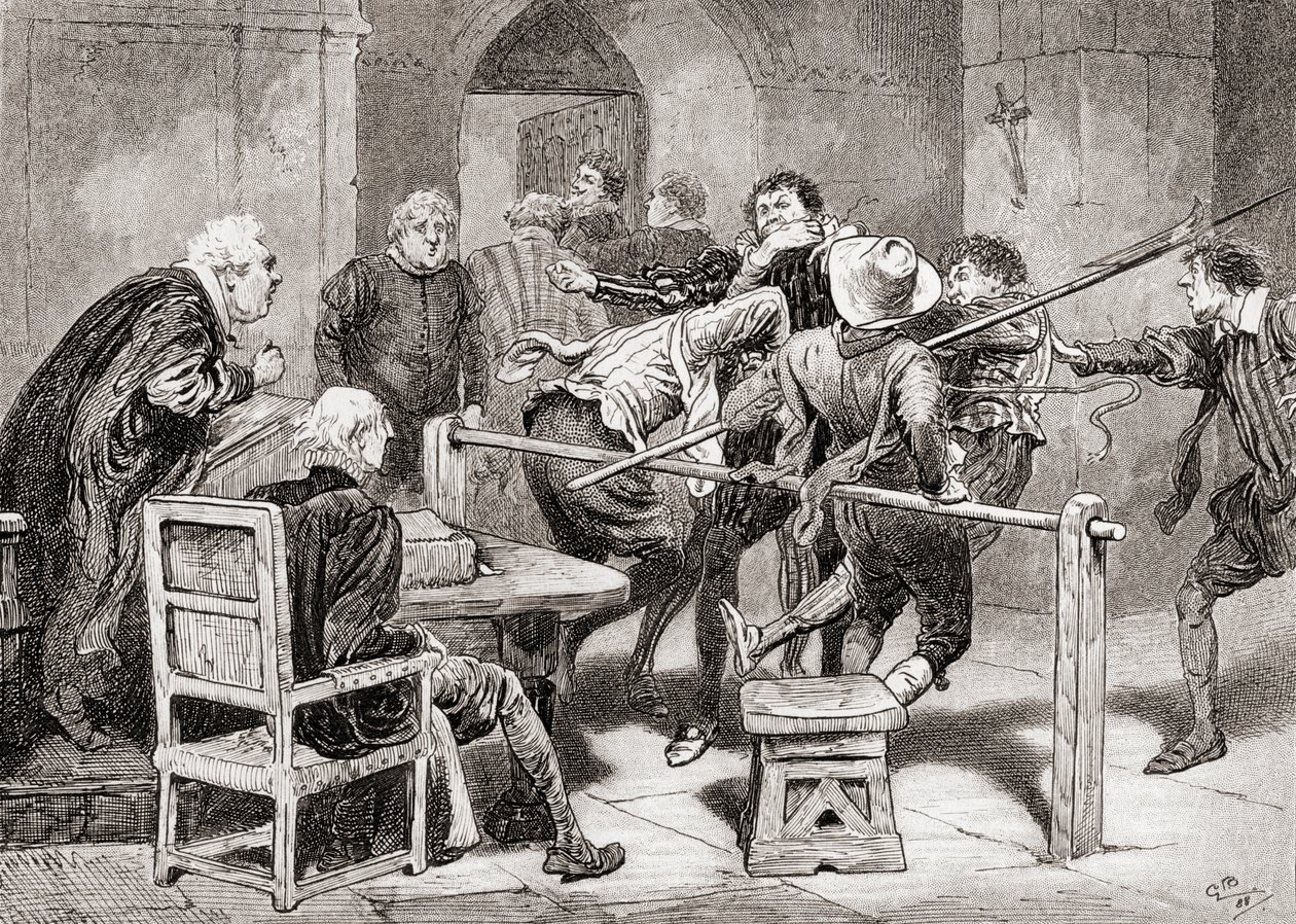 En scene fra William Shakespeares skuespill Much Ado About Nothing, Act IV, Scene 2, Dogberry: Dost thou not suspect my place? Har du ikke mistanke om mine år?, fra The Works of William Shakespeare, publiser av Gordon Frederick Browne