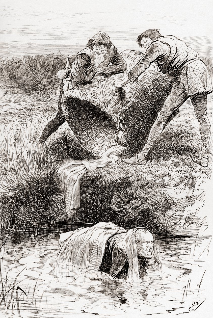 En scene fra William Shakespeares skuespill The Merry Wives of Windsor Act III, Scene III, The Buck-basket, fra The Works of William Shakespeare, utgitt 1896 av Gordon Frederick Browne