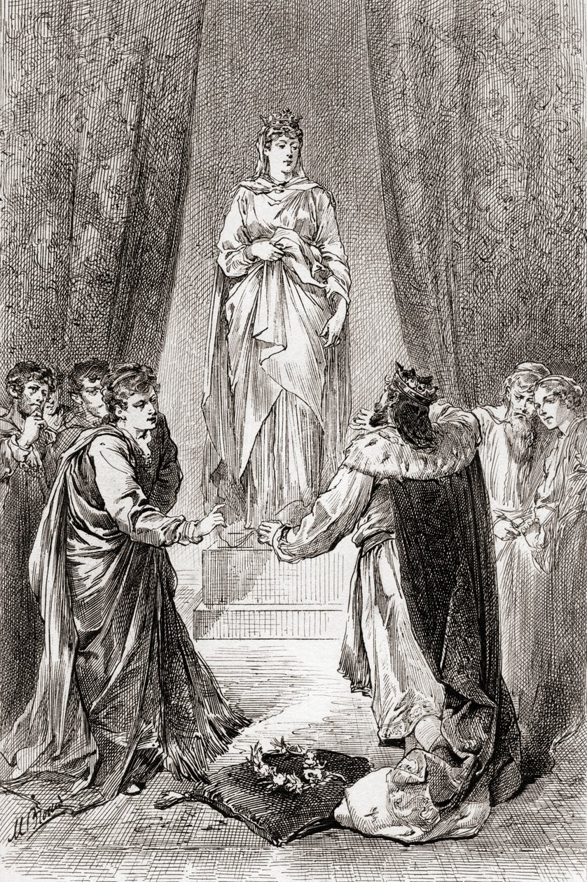 En scene fra William Shakespeares skuespill The Winters Tale, Act V, Scene 3, Leontes: Let no man mock me, for I will kiss her, fra The Works of William Shakespeare, utgitt 1896 av Gordon Frederick Browne