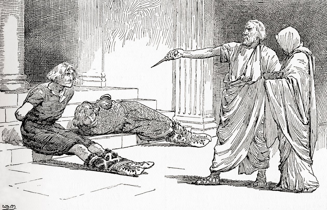 En scene fra William Shakespeares skuespill Titus Andronicus, Act V, Scene 2, Titus: Come, come, Lavinia, look, thy foes are bound, fra The Works of William Shakespeare, publisert 1896 av Gordon Frederick Browne