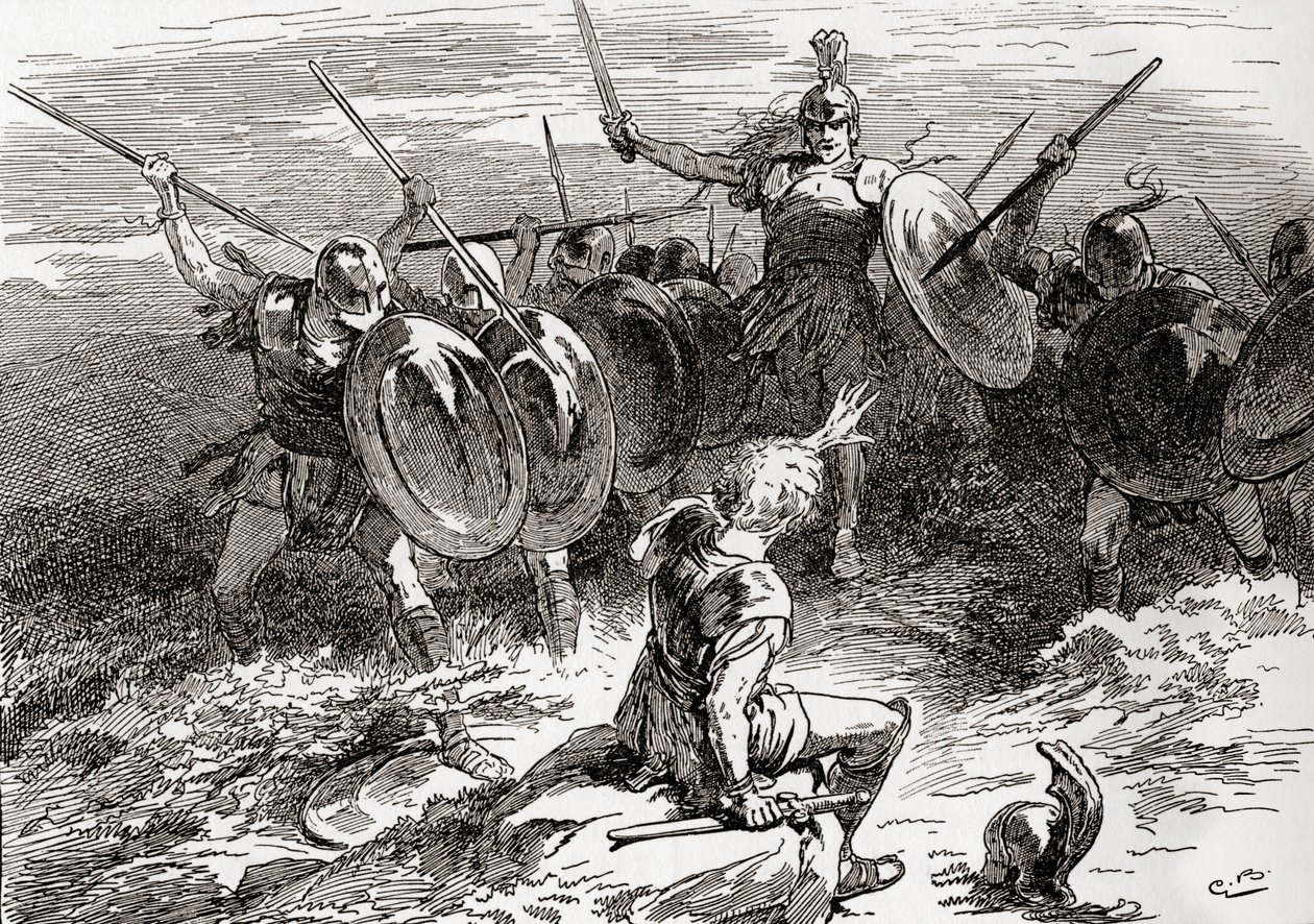 En scene fra William Shakespeares skuespill Troilus og Cressida, Act V, Scene 10, Achilles: Strike, fellows, strike, this is the man I seek, fra The Works of William Shakespeare, utgitt 1896 (gravering av Gordon Frederick Browne