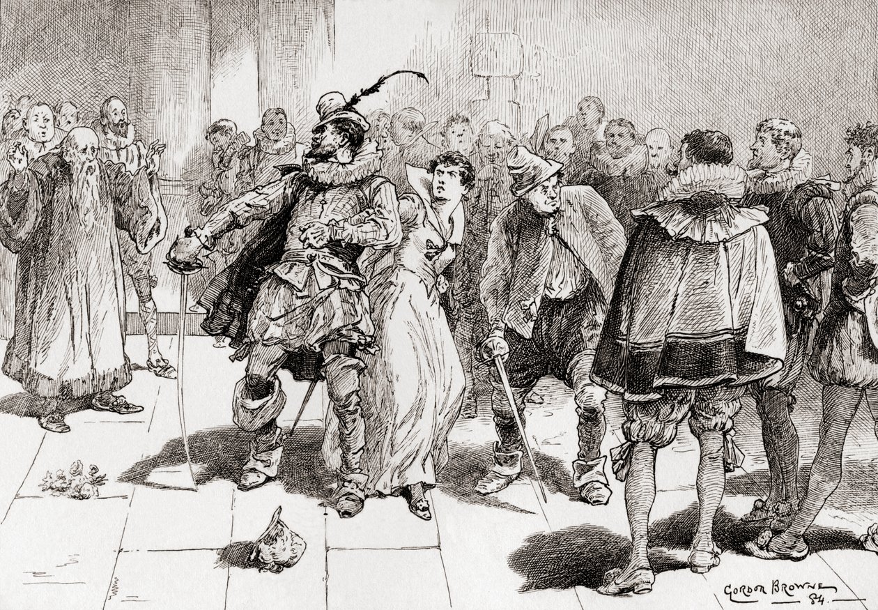 Petruchio: Frykt ikke, søte venn, de skal ikke røre deg Kate, Ill buckler you against a million, Scene fra William Shakespeares spiller The Taming of the Shrew, Act III, Scene 2, fra The Works of av Gordon Frederick Browne