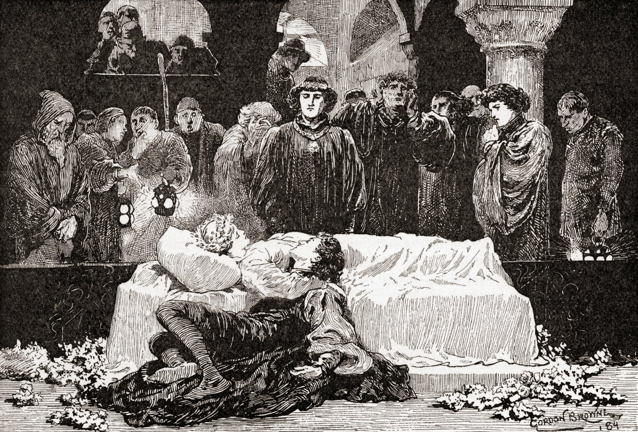 Prince: For aldri var en historie med mer ve enn denne om Juliet og hennes Romeo, En scene fra William Shakespeares skuespill Romeo og Julie, Act V, Scene 3, fra The Works of William Shakespeare, publisert 1 av Gordon Frederick Browne
