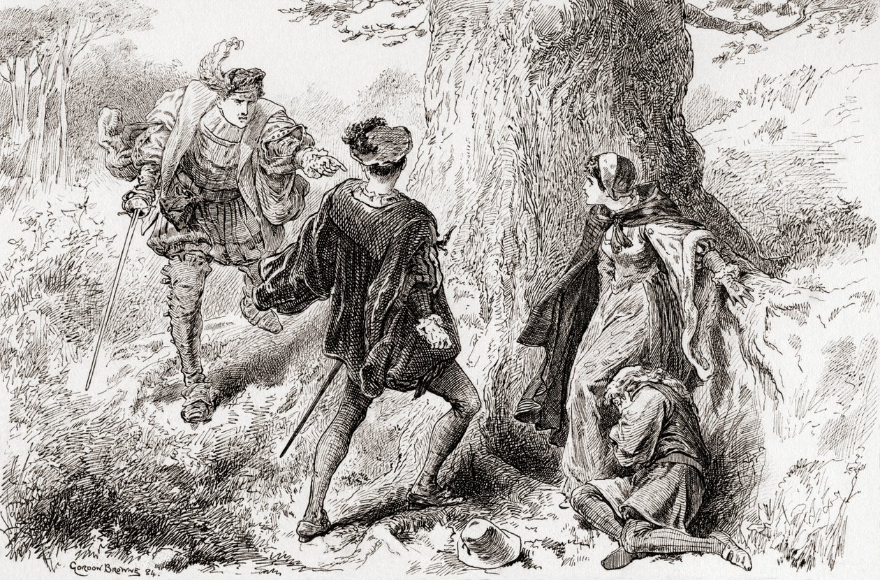 Valentine: Ruffian, slipp den frekke usivile touchen, En scene fra Shakespeares The Two Gentlemen of Verona, Act V, Scene 4, fra The Works of William Shakespeare, publisert 1896 av Gordon Frederick Browne