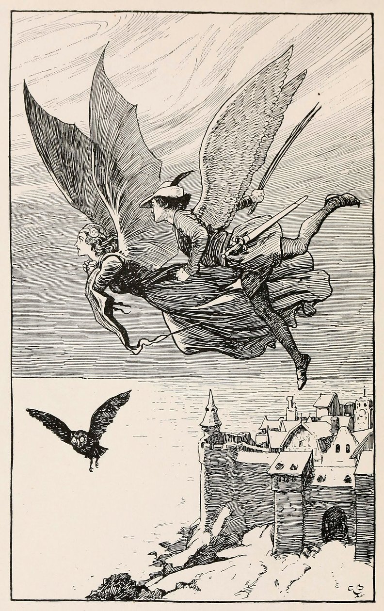 Reisefølget fløy bak henne, fra Fairy Tales from Hans Anderson, pub 1919. av Gordon Browne