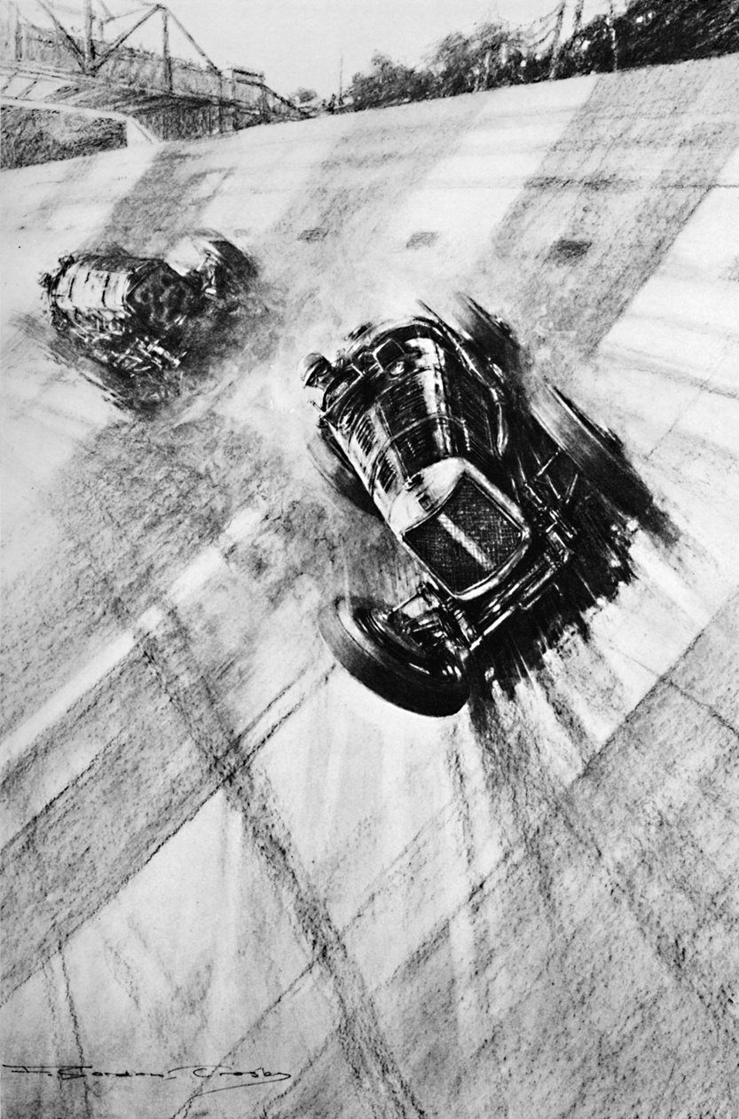 Whitney Straight Maserati ved Members Bridge-svingen, Brooklands, 1933, 1937 av Gordon Crosby