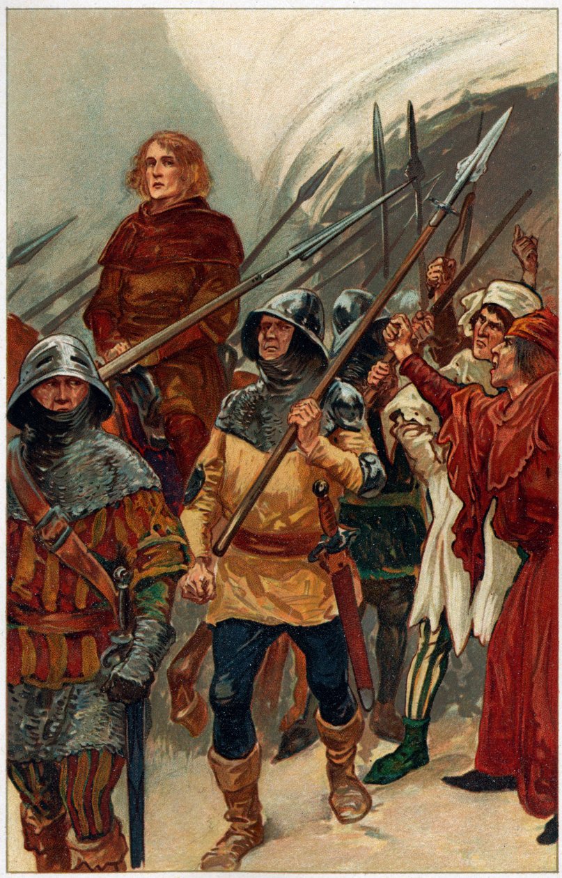 "Omgitt av væpnede menn ble Wallace ført til Westminster Hall for å bli stilt for retten som en forræder", illustrasjon fra "Heroes & Heroines of English History" av Alice S. Hoffman (farge litho) av Gordon Frederick (after) Browne