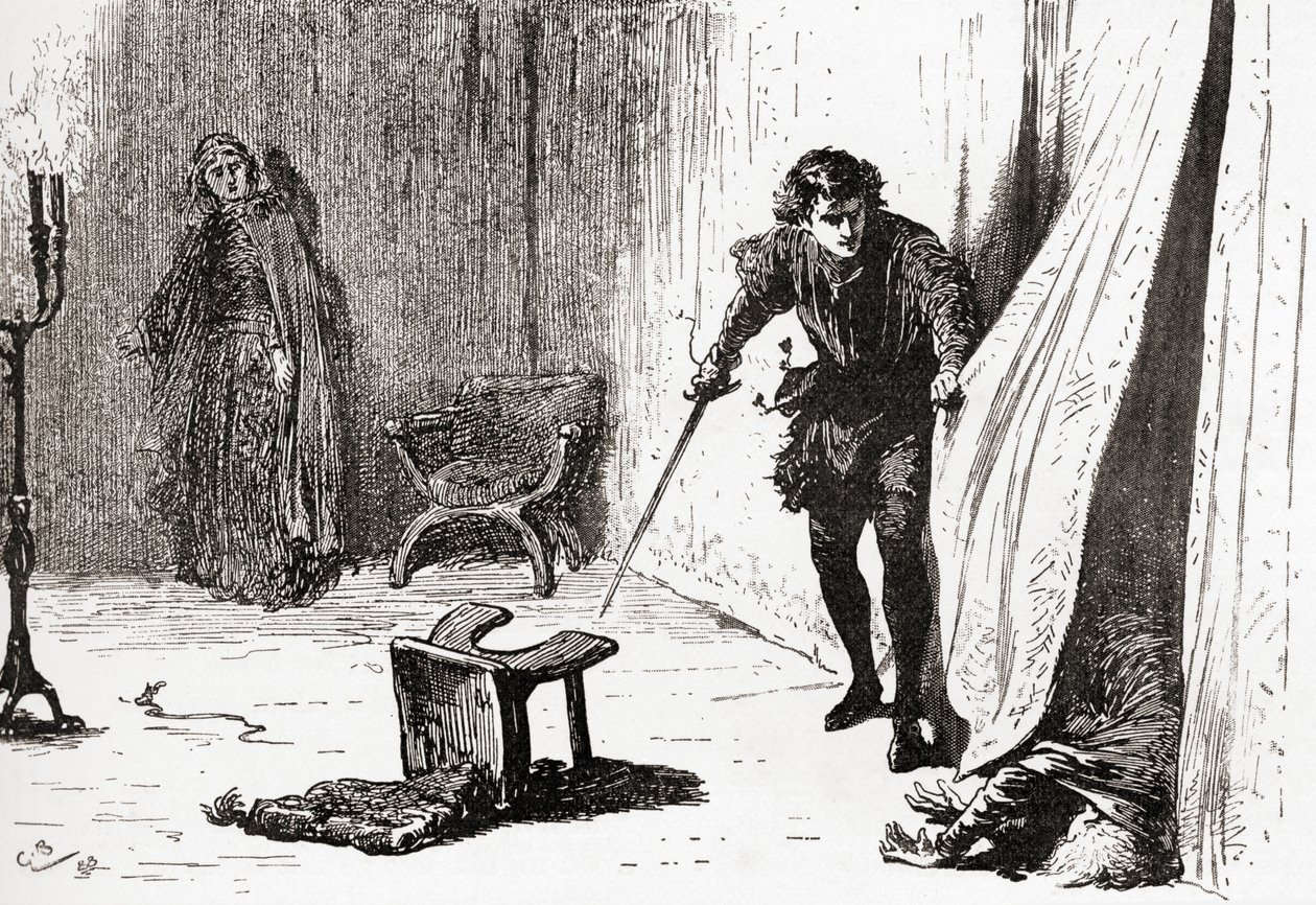 En scene fra William Shakespeares spiller Hamlet, Act III, Scene 4, Hamlet: Du elendige, utslett, inntrengende tosk, farvel! Jeg tok deg til det bedre, fra The Works of William Shakespeare, utgitt 189 av Gordon Frederick Browne