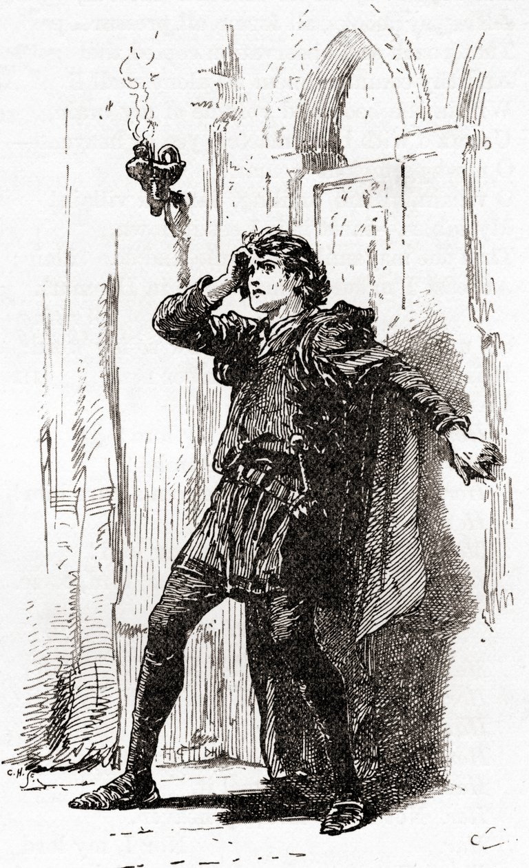 En scene fra William Shakespeares spiller Hamlet, Act I, Scene 5, Hamlet: Remember thee! Ja, du stakkars spøkelse, mens minnet holder plass i denne distraherte kloden, fra The Works of William Shakespeare, pu av Gordon Frederick Browne