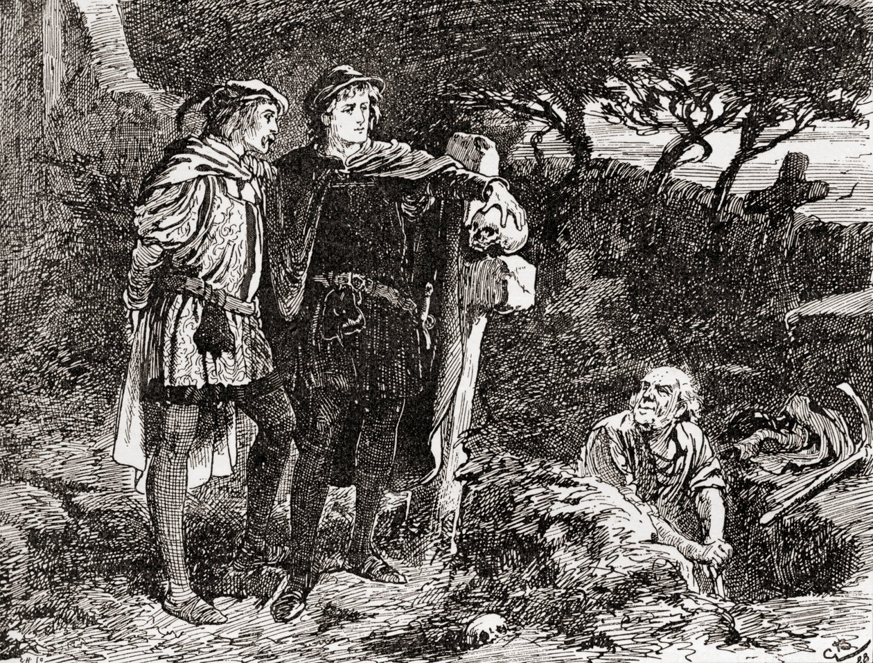 En scene fra William Shakespeares skuespill Hamlet, Act V, Scene 1, Hamlet: I know him, Horatio, en fyr med uendelig spøk, av mest utmerkede fancy, fra The Works of William Shakespeare, utgitt 1896 (f. av Gordon Frederick Browne