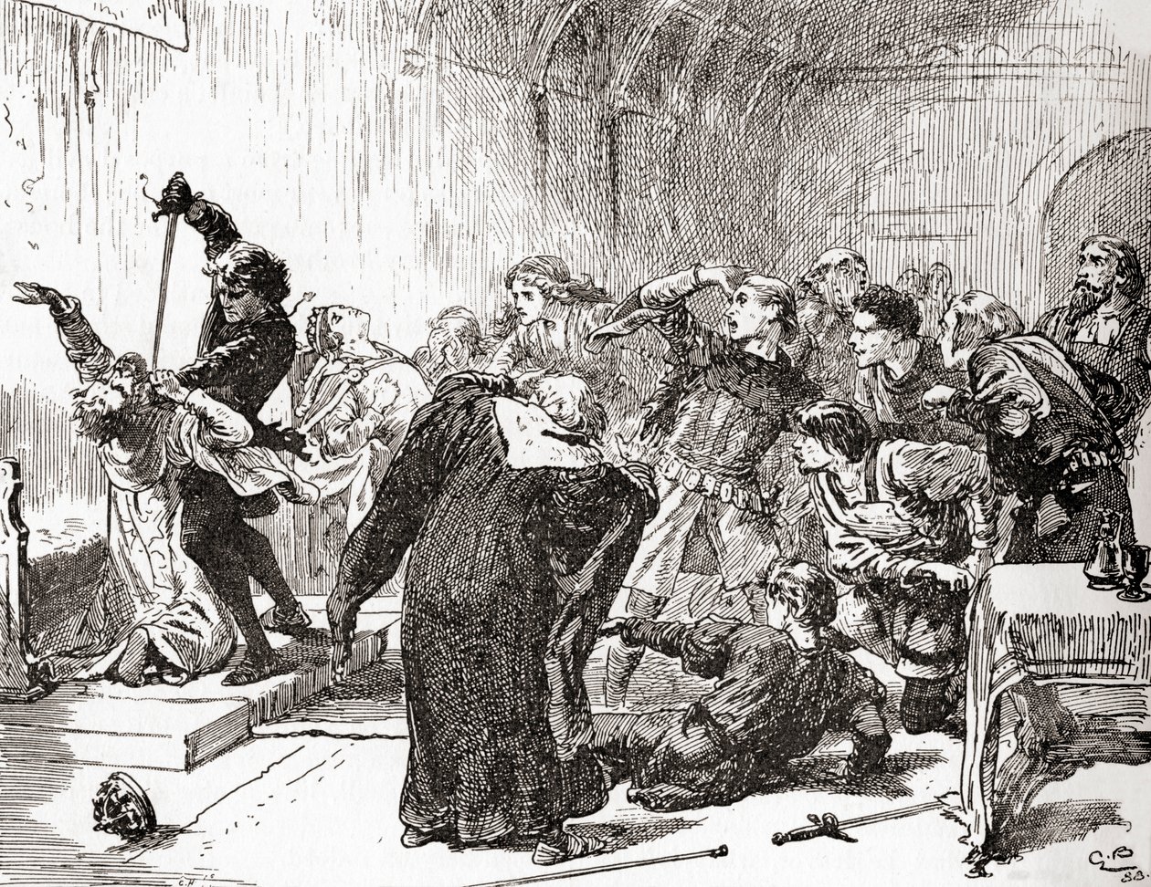 En scene fra William Shakespeares spiller Hamlet, Act V, Scene 2, Hamlet: The point envenomd too! Så, gift, til arbeidet ditt. (Stabs the king), fra The Works of William Shakespeare, utgitt 1896 (gravert av Gordon Frederick Browne