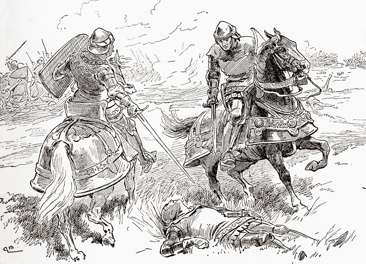 En scene fra William Shakespeares skuespill King Henry IV, Part 1, Act V, Scene 3, Earl of Douglas: Alls done, all won, here breathless lies the king, fra The Works of William Shakespeare, publisert 1896 av Gordon Frederick Browne