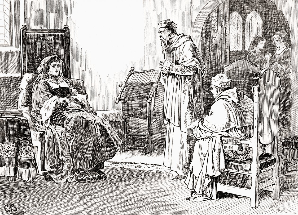 En scene fra William Shakespeares skuespill King Henry VIII, Act III, Scene 1, Queen Katherine: Gjør hva dere vil, mine herrer og be om tilgi meg, hvis jeg har brukt meg umannerlig, fra The Works of William Sha av Gordon Frederick Browne