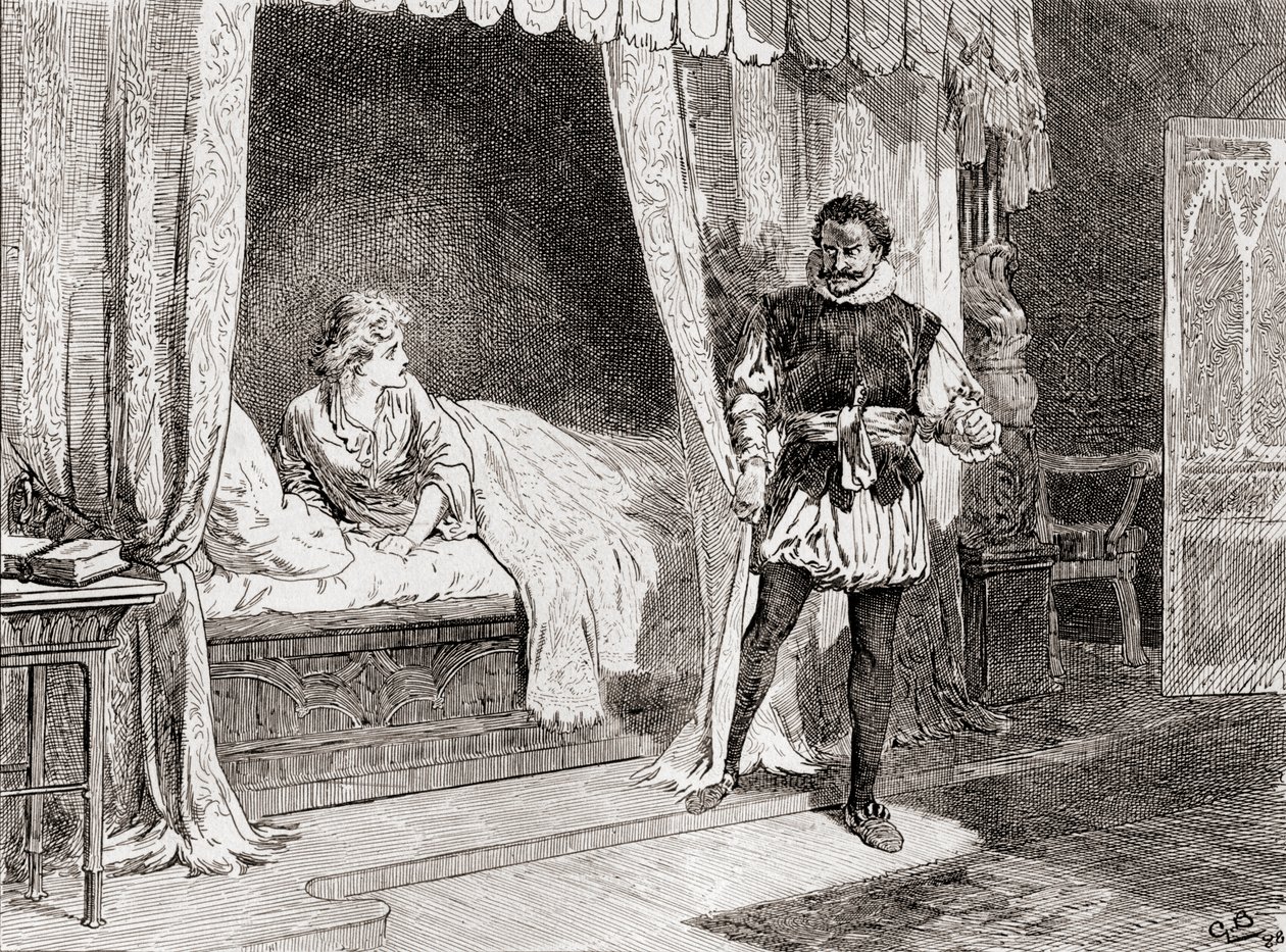 En scene fra William Shakespeares spiller Othello Act V, Scene 2, Desdemona: Talk you of killing? Othello: Ay I do, fra The Works of William Shakespeare, utgitt 1896 av Gordon Frederick Browne
