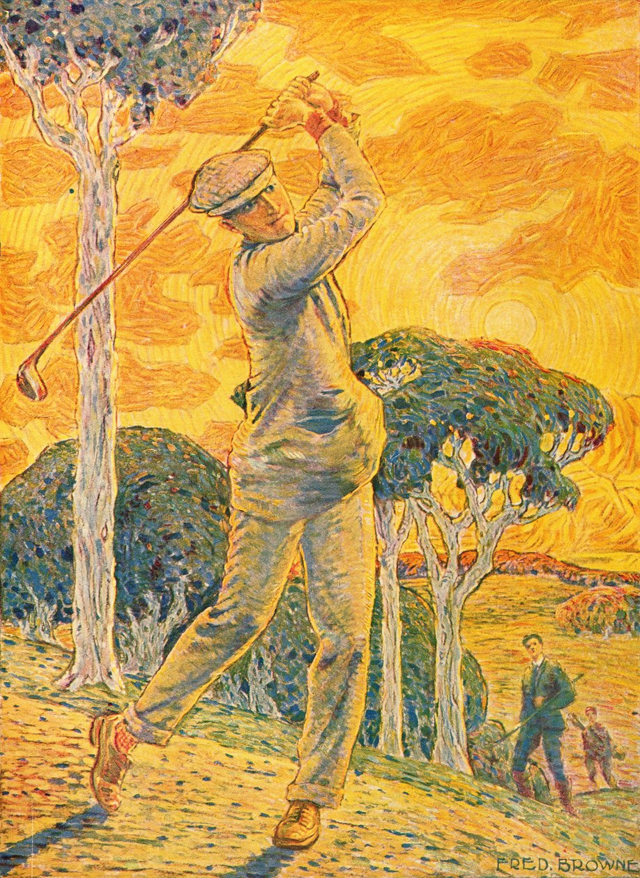 Golf, omslagsillustrasjon for Vie au Grand Air, 15. september 1919 (fargegravering) av Gordon Frederick Browne