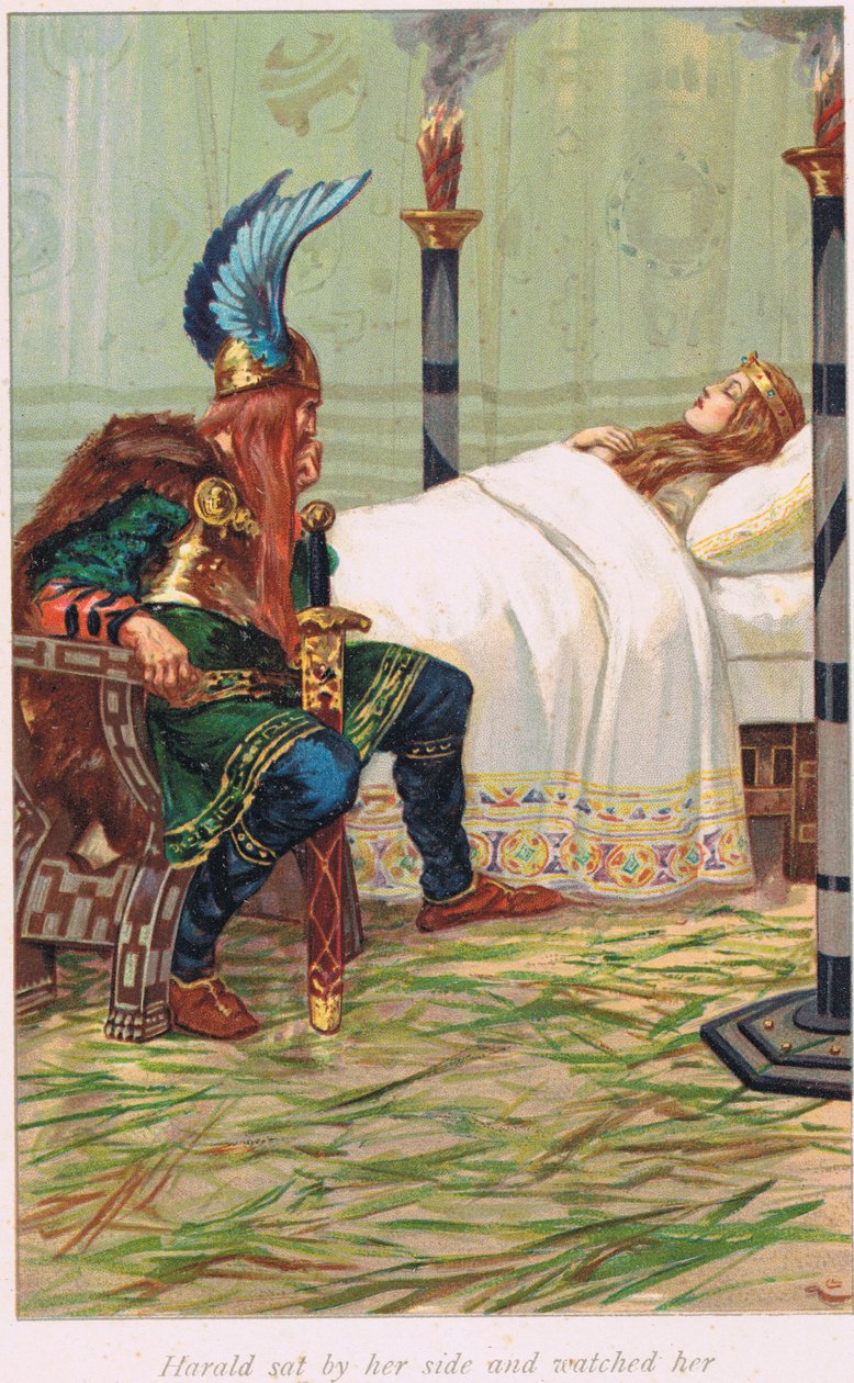 Harald satt ved siden av henne og så på henne, illustrasjon fra 