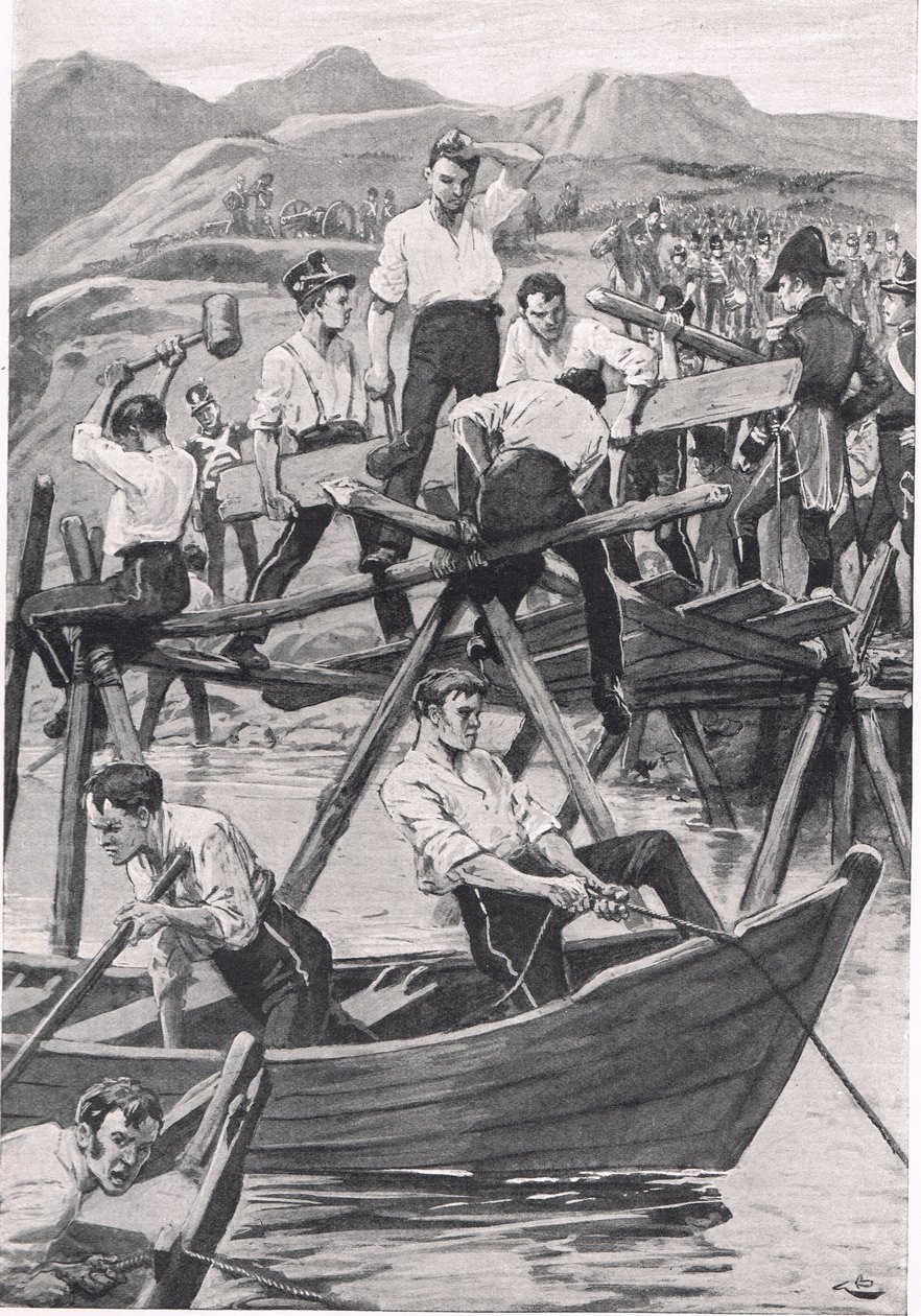The Construction of the Bridge over Guadiana, 3. april 1811, illustrasjon fra 
