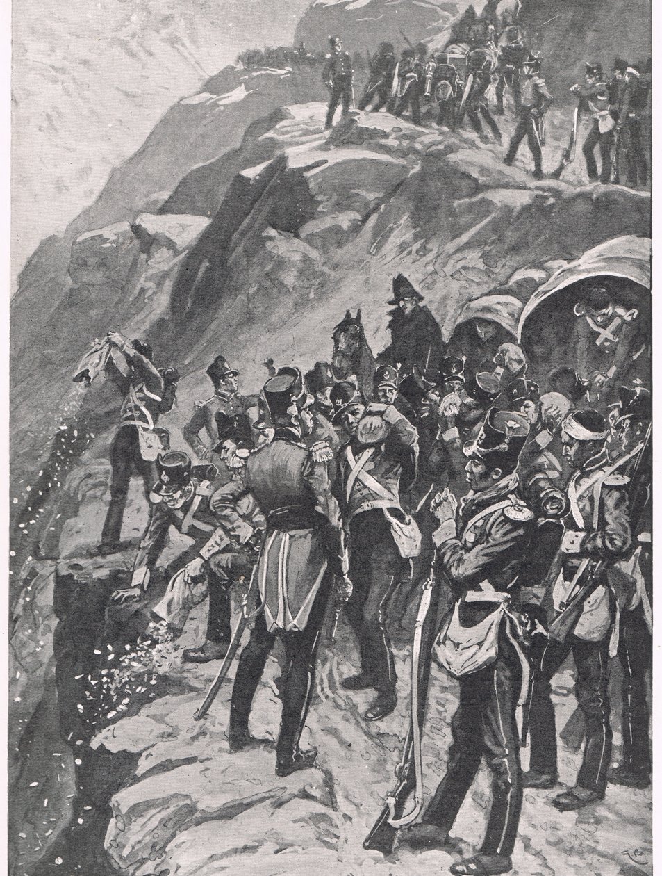 The Retreat to Corunna: Hurling the Silver down the Mountainside, illustrasjon fra 'British Battles on Land and Sea', utgitt av Cassell, London, ca. 1910 av Gordon Frederick Browne