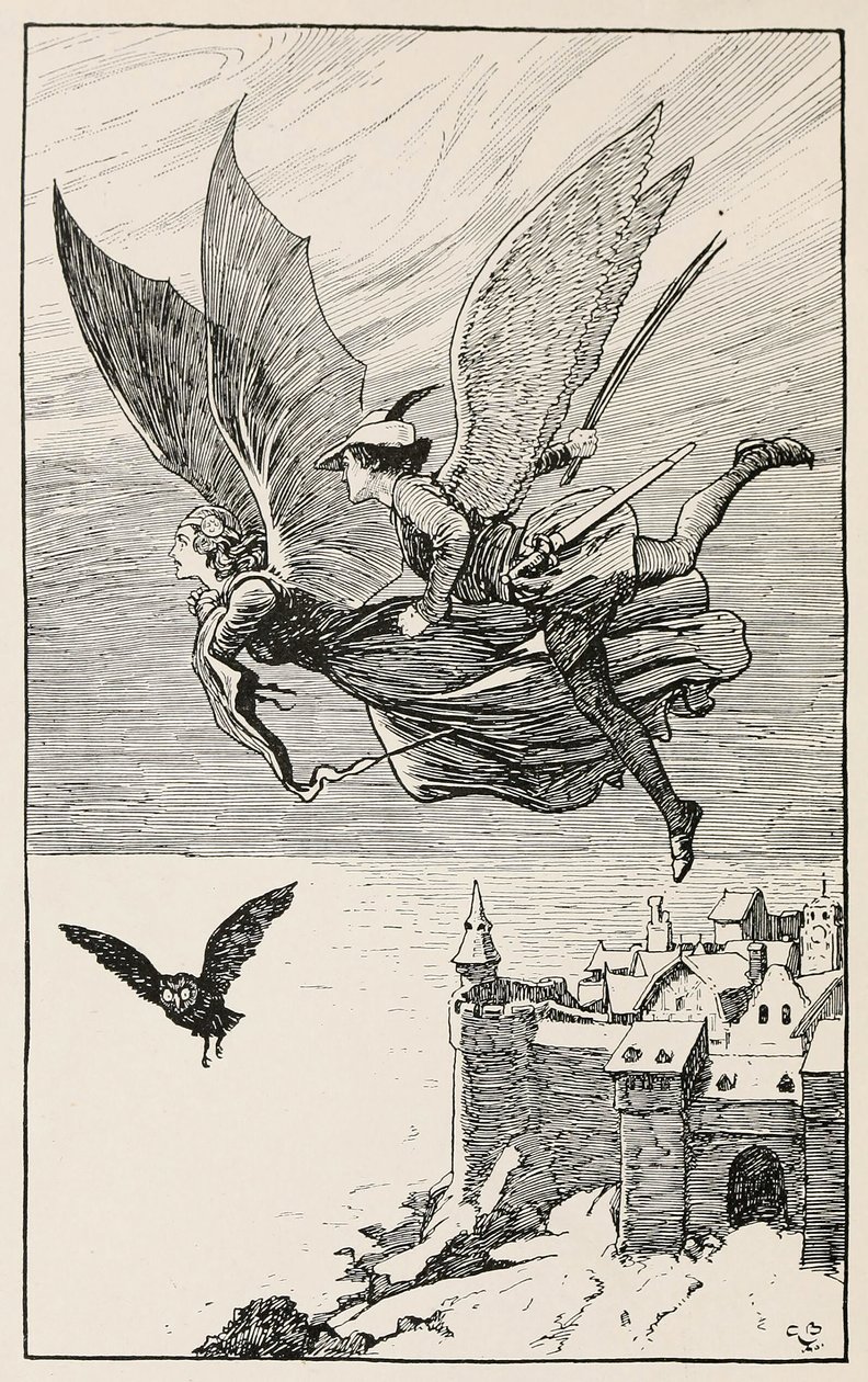 Reisefølget fløy bak henne, fra Fairy Tales from Hans Anderson, pub 1919 (gravering) av Gordon Frederick Browne