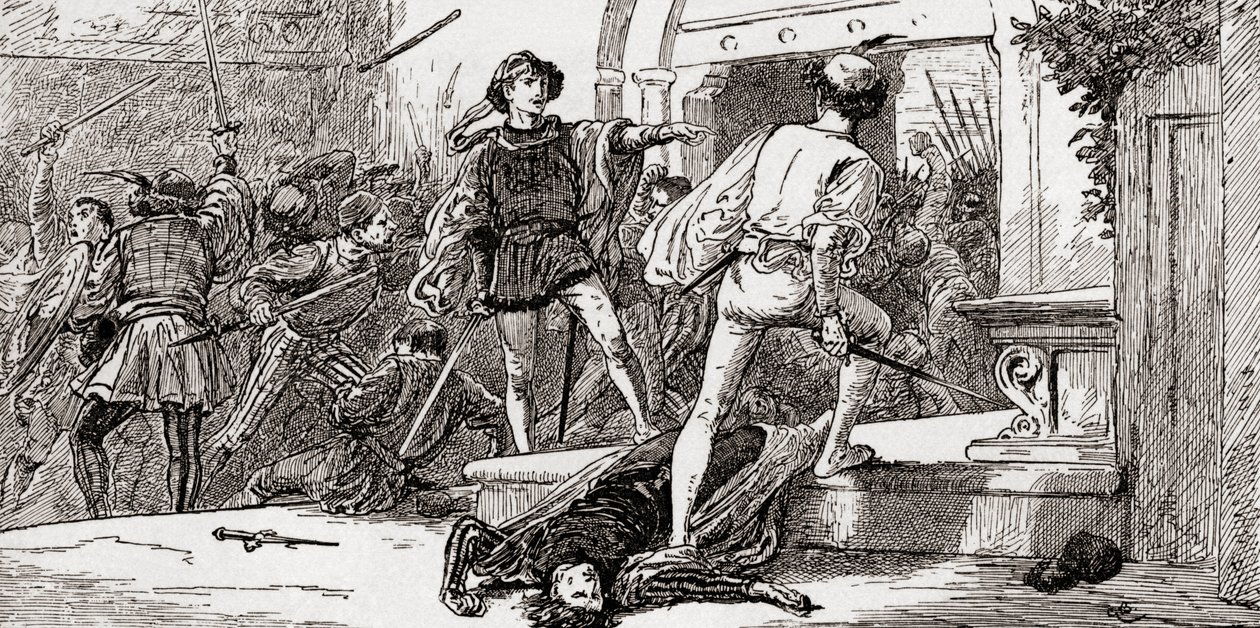 Tybalt drept av Romeo, scene fra William Shakespeares Romeo and Juliet, Act III, Scene 1, fra The Works of William Shakespeare, utgitt 1896 av Gordon Frederick Browne