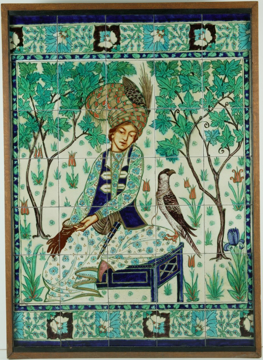 Persisk falkonerflisepanel, Pilkington's Tiles Group Plc, ca. 1910 (slipbelagt keramikk) av Gordon Mitchell Forsyth