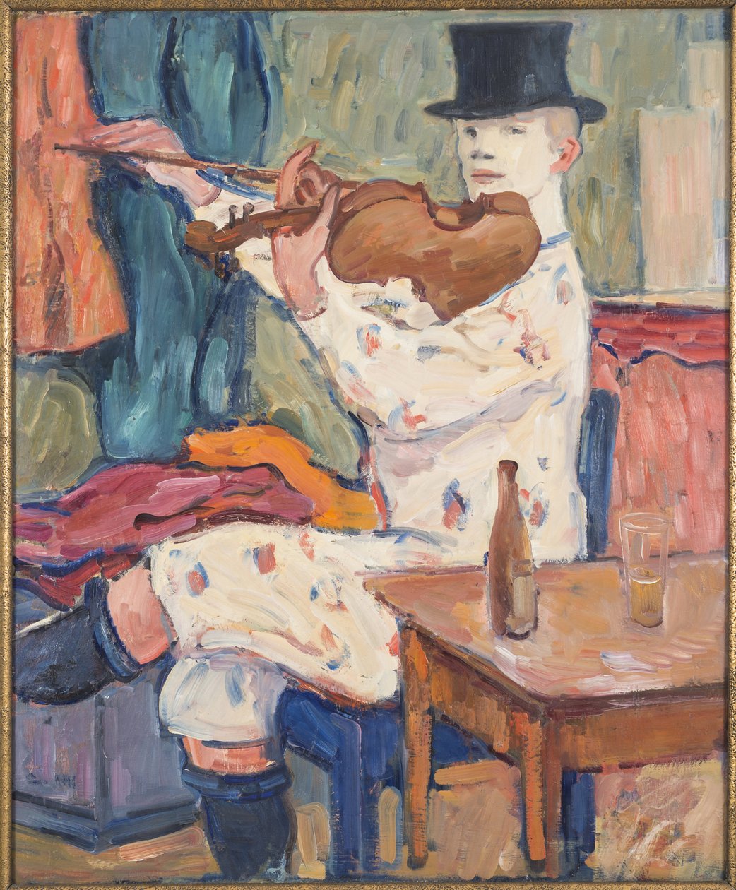 Un clown jouant du violon - A Clown Playing the Fiolin, av Hennigs, Gosta von (1866-1941). Olje på lerret av Gosta von Hennigs