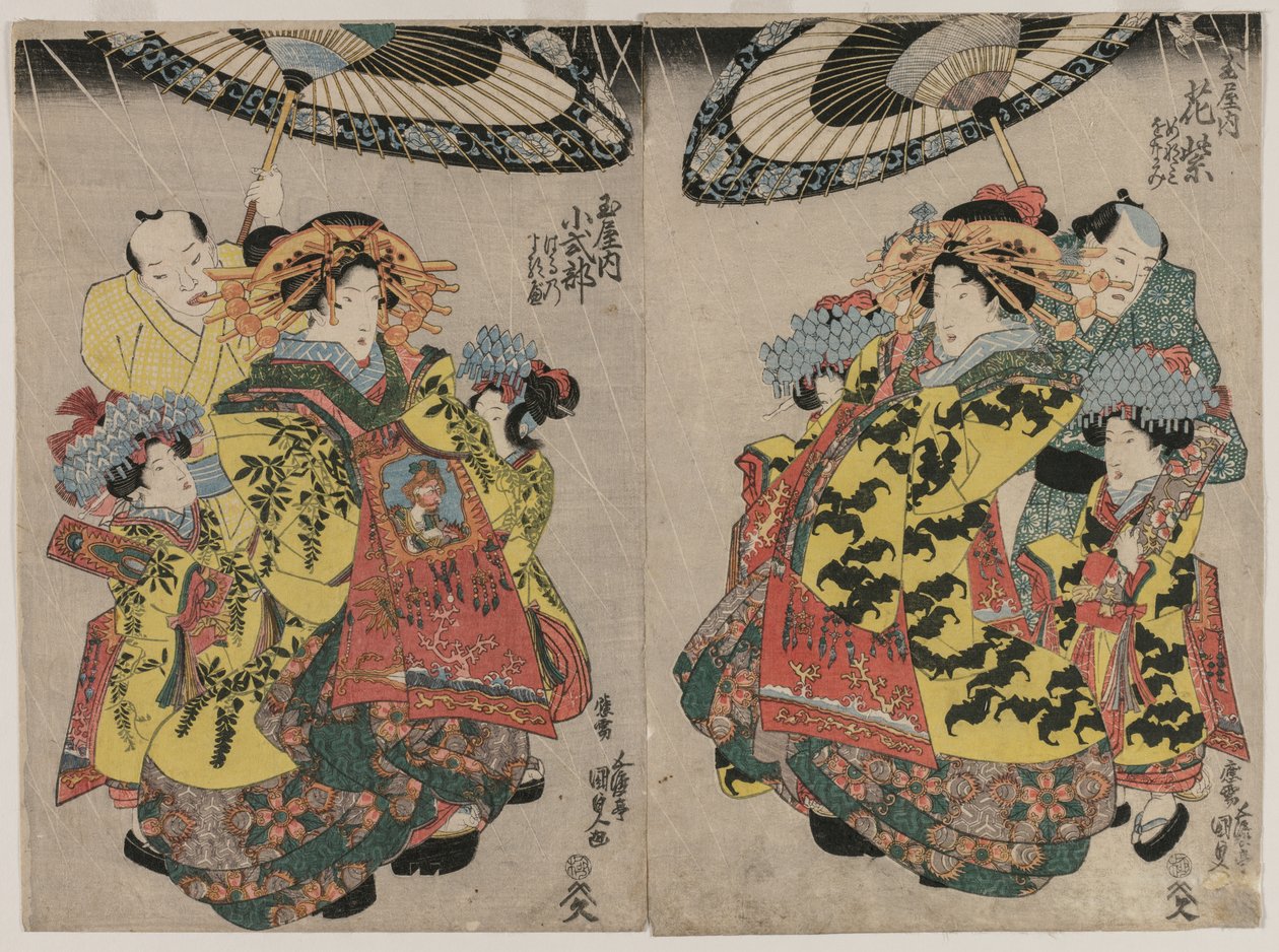 Kurtisanene Hanamurasaki og Koshikibu fra Tamaya Promenading in the Rain, ca. tidlig på 1830-tallet. av Gototei Kunisada