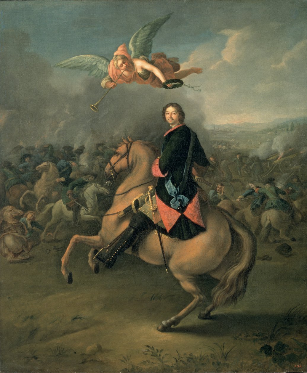 Portrett av Peter den store mot bakgrunn av slaget ved Poltava av Gottfried Danhauer