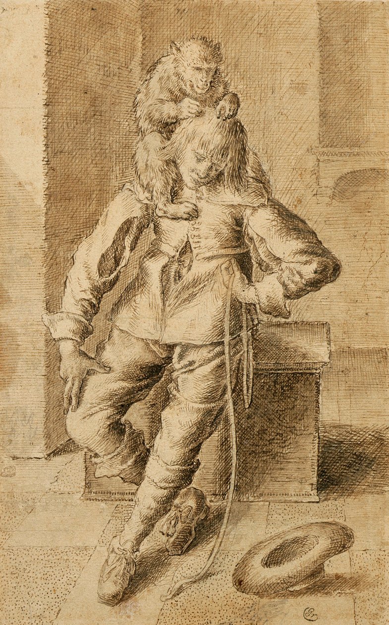 A Cavalier with a Monkey (brunt blekk & bistre på beige papir) av Gottfried Libalt