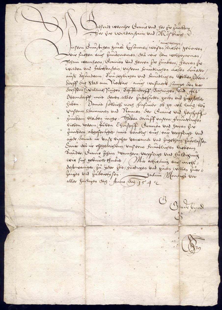 Brev fra grev Gottfried Werner von Zimmer til Schultheiß, ordfører, råd og samfunn i byen Oberndorf og Schultheißen, dommere og lokalsamfunn i landsbyene Waldmössingen, Beffendorf, Bochingen og Altoberndorf, 30. oktober 1542; Distriktsarkiv rød av Gottfried Werner von Zimmern
