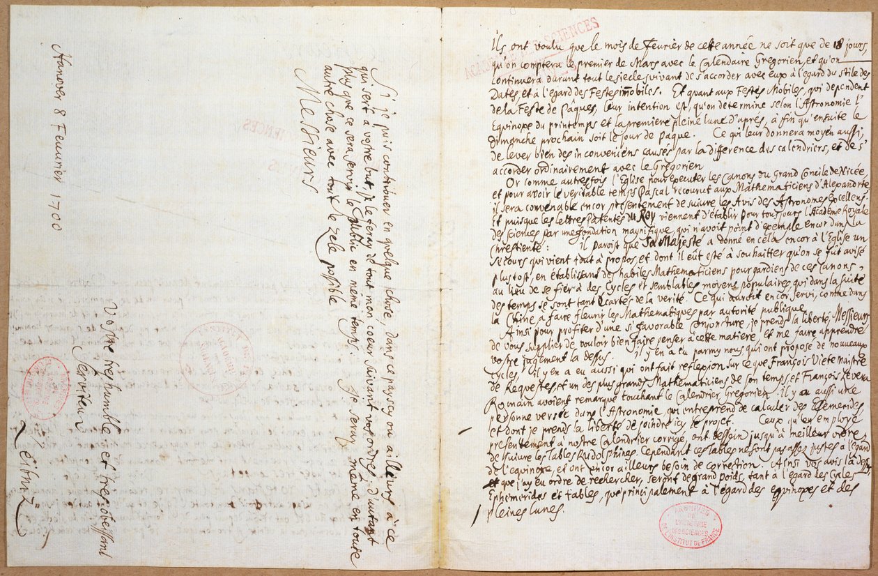 De siste sidene i et brev skrevet av Leibniz om hans opptak til 
