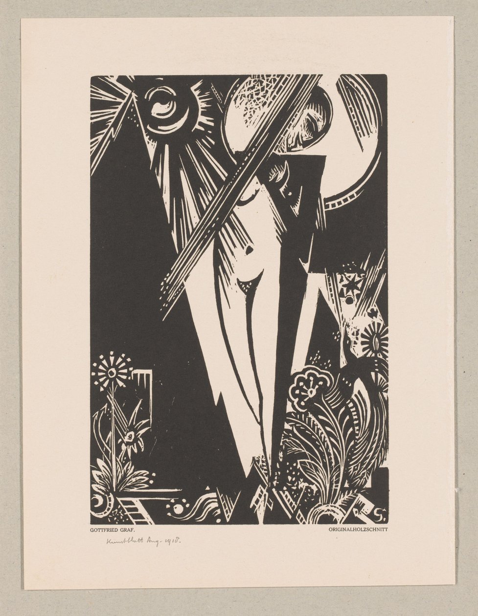 Stående kvinne, sol, måne og blomster av Gottfried Graf
