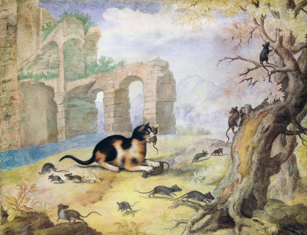 Katt som dreper mus i et landskap (penn og blekk med vask på papir) av Gottfried Mind or Mindt