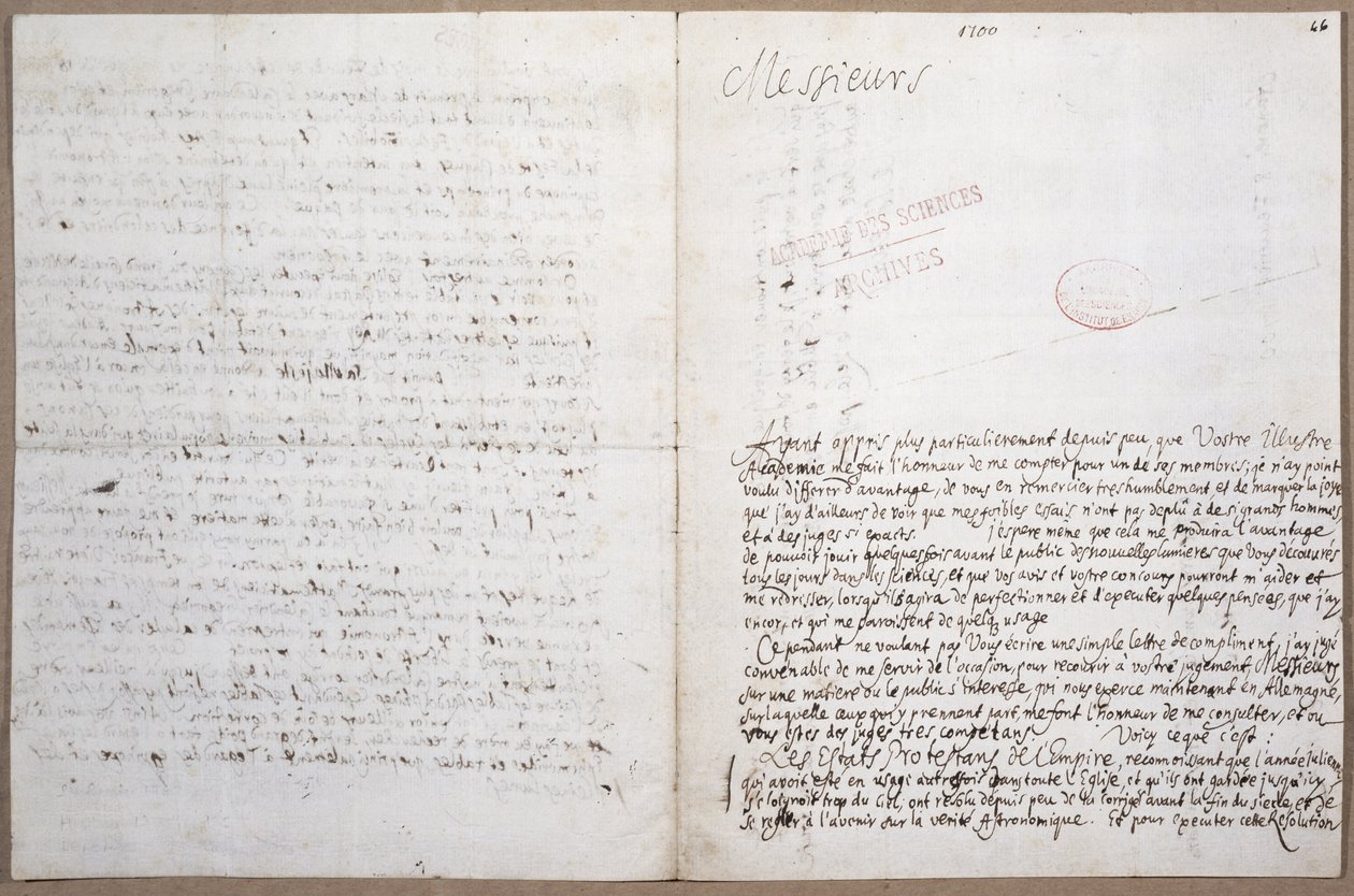 Første side i et brev skrevet av Leibniz om hans opptak til Academie des Sciences i Paris, 8. februar 1700 av Gottfried Wilhelm Leibniz