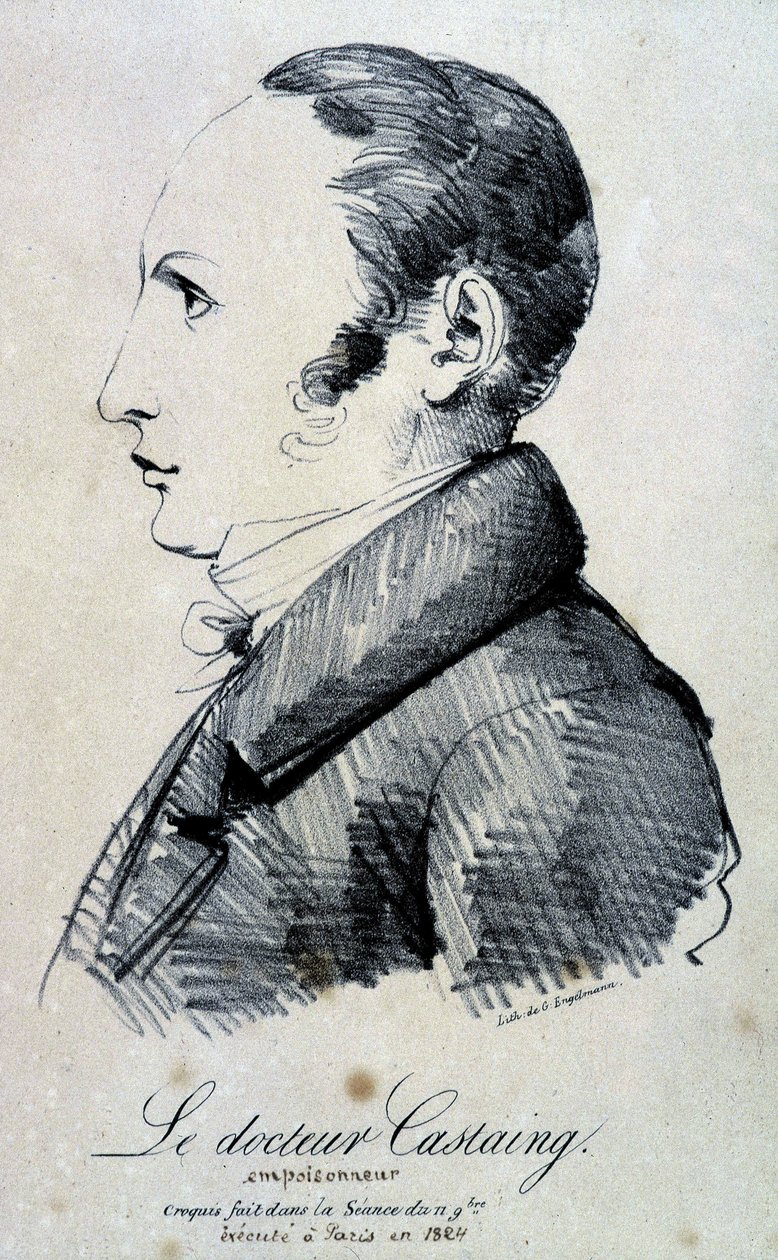 Portrett av Dr. Castaing, forgiftningsmann. Han brukte morfinsalt, hydroklorid for å drepe vennen Hippolyte Ballet i 1823. Den ble henrettet i Paris i 1824. Litografi av Engelmann fra en skisse laget i sesjonen 11. november. av Gottfried or Godefroy Engelmann