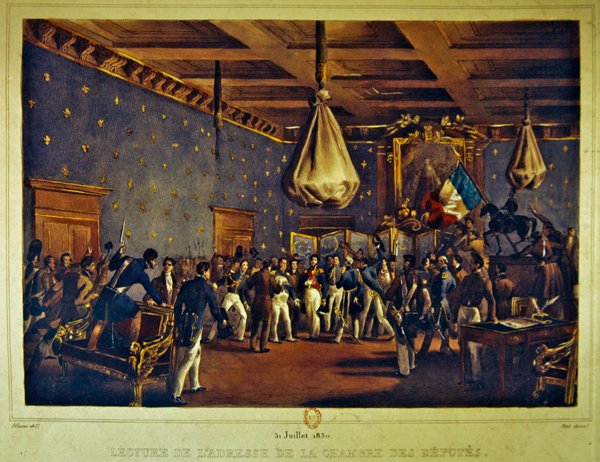 Leser adressen til Deputertkammeret på Hotel de Ville, Paris 31. juli 1830 (farge litho) av Gottfried or Godefroy Engelmann